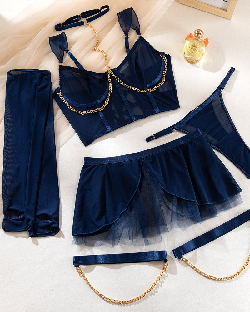 See-Through Mesh Skirt Uniform Lingerie Set With Gloves