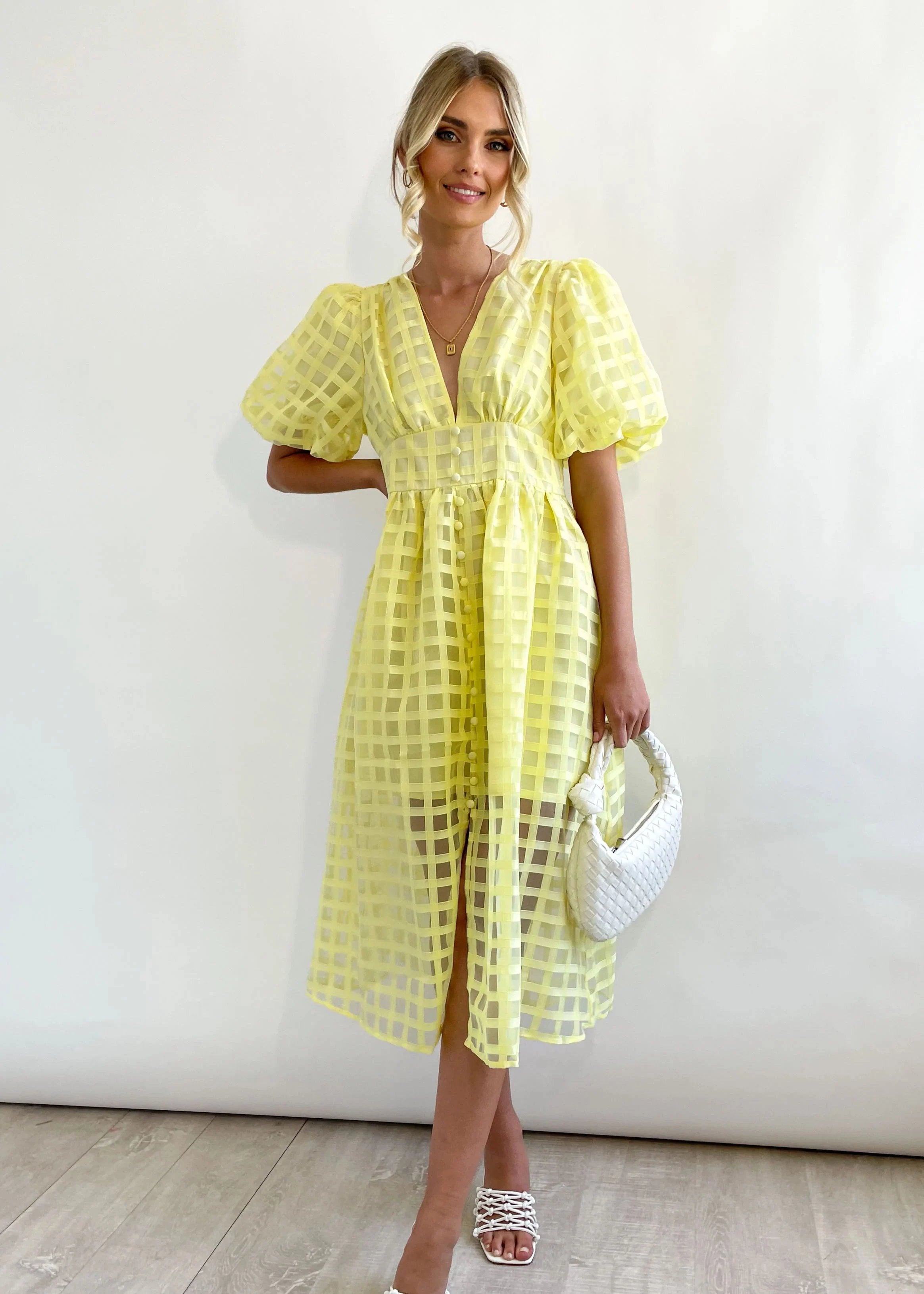 Beautiful square pattern fabric puff sleeve midi