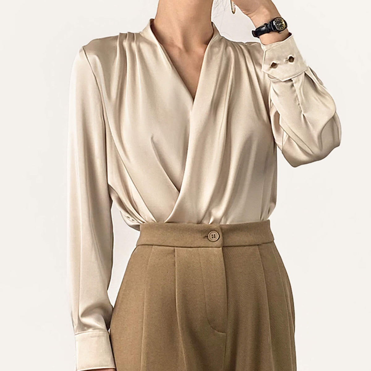 Sea Shell Ruched Long Sleeve Surplice Blouse