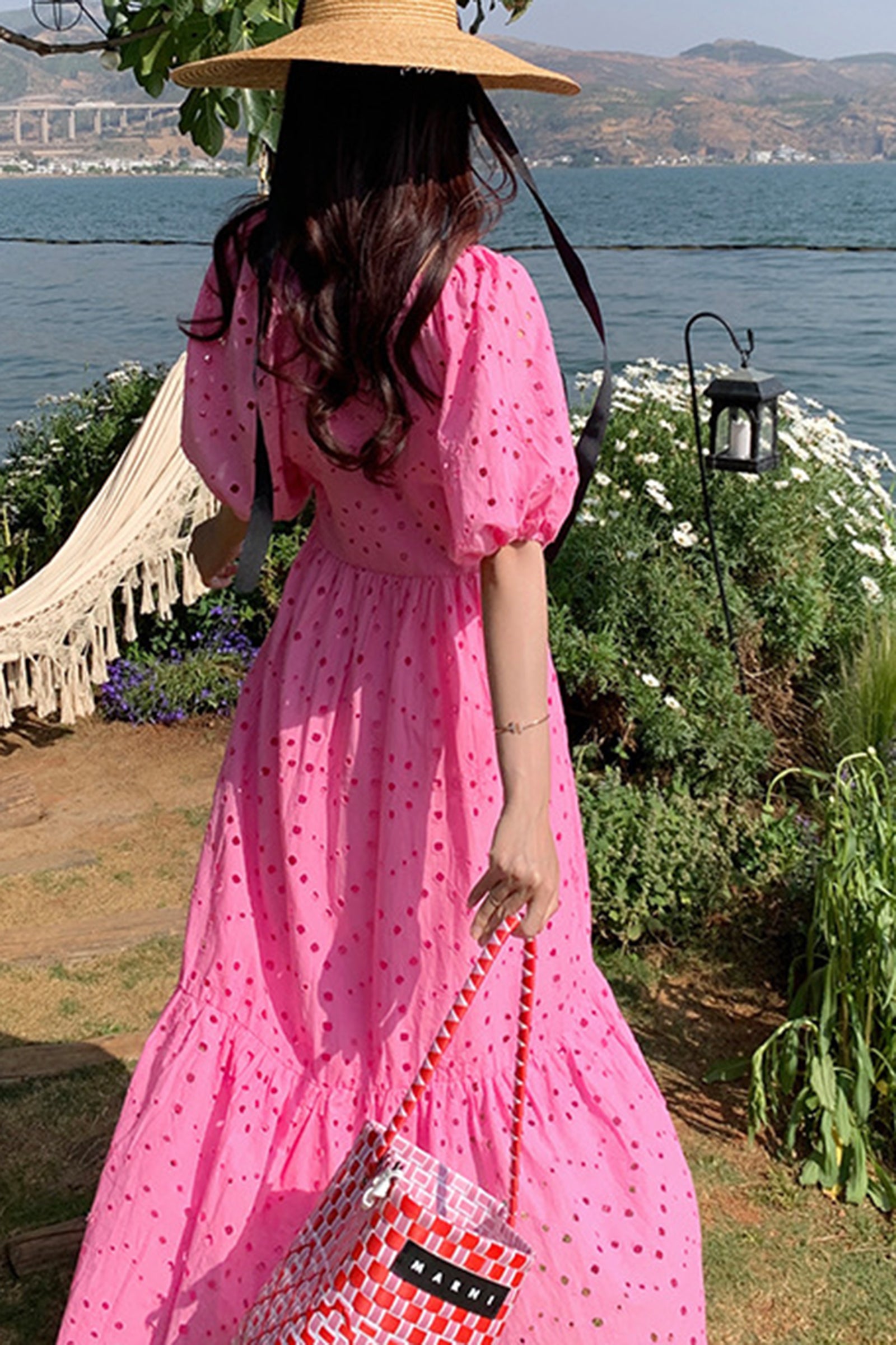 Hot Pink V Neck Balloon Sleeve Eyelet Maxi Dress