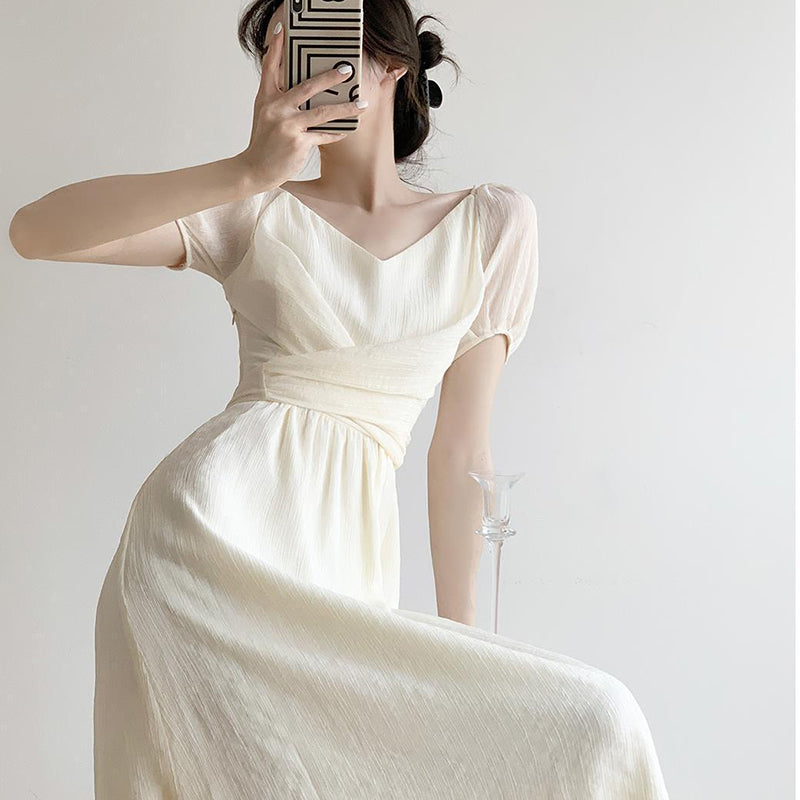 White Square Neck Puff Sleeve Dress.