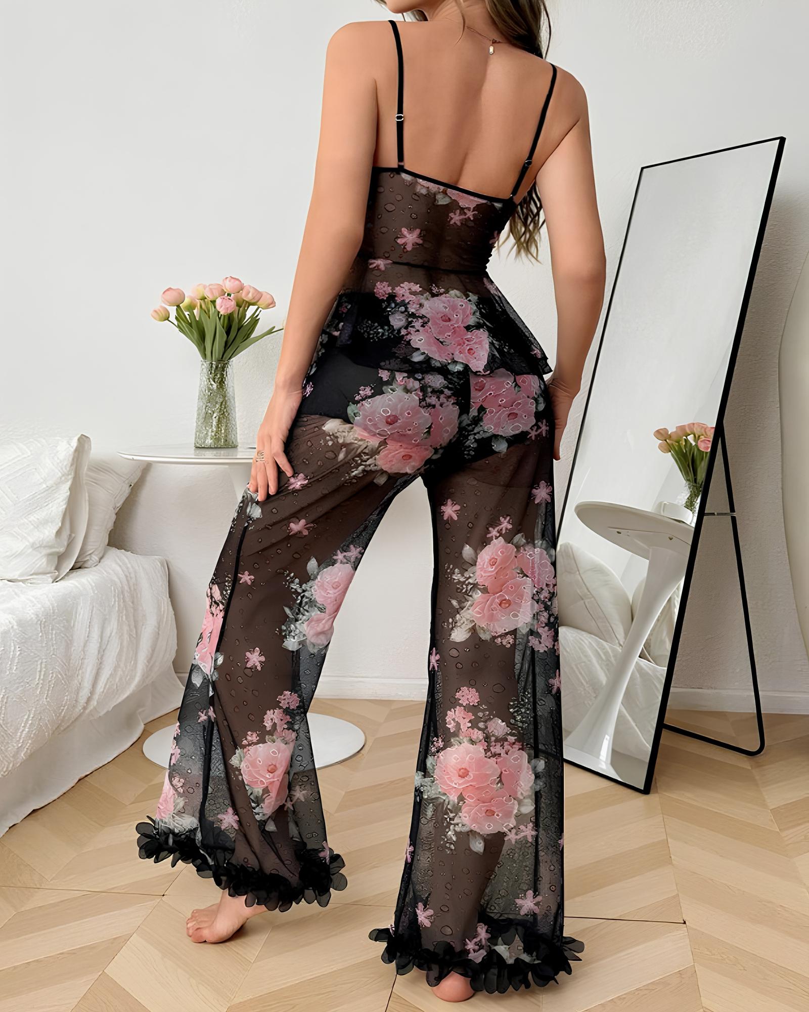 Floral Mesh See-through Ruffled Camisole and Trousers Pajama Set