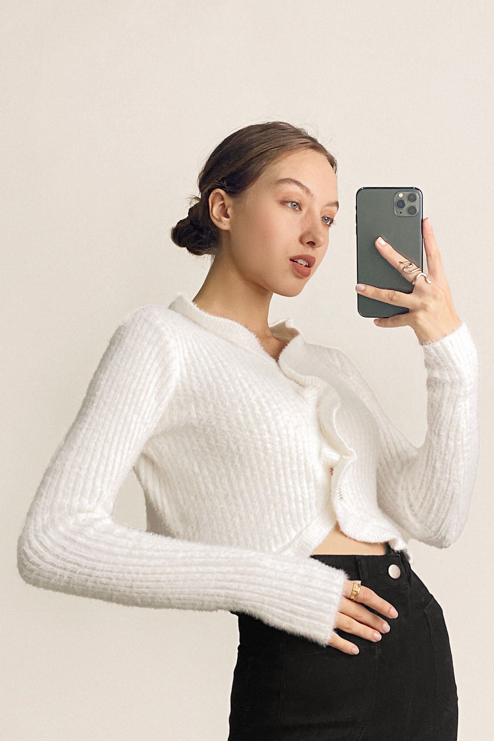 White Ruffle Trim Ribbed Knit Fitted Cardigan