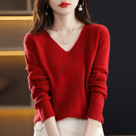 V-Neck Pullover Long Sleeve Solid Color Cashmere Sweater