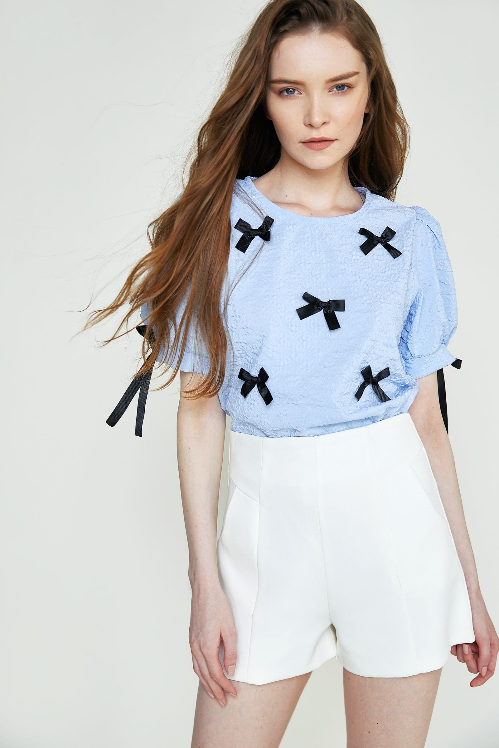 Cornflower Blue Textured Bowknot Decor Puff Sleeve Blouse