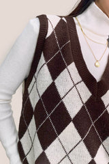 Saddle Brown V-Neck Diamond-Check Knitted Vest