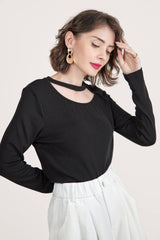 Black Long Sleeve Asymmetric Cut Out Top