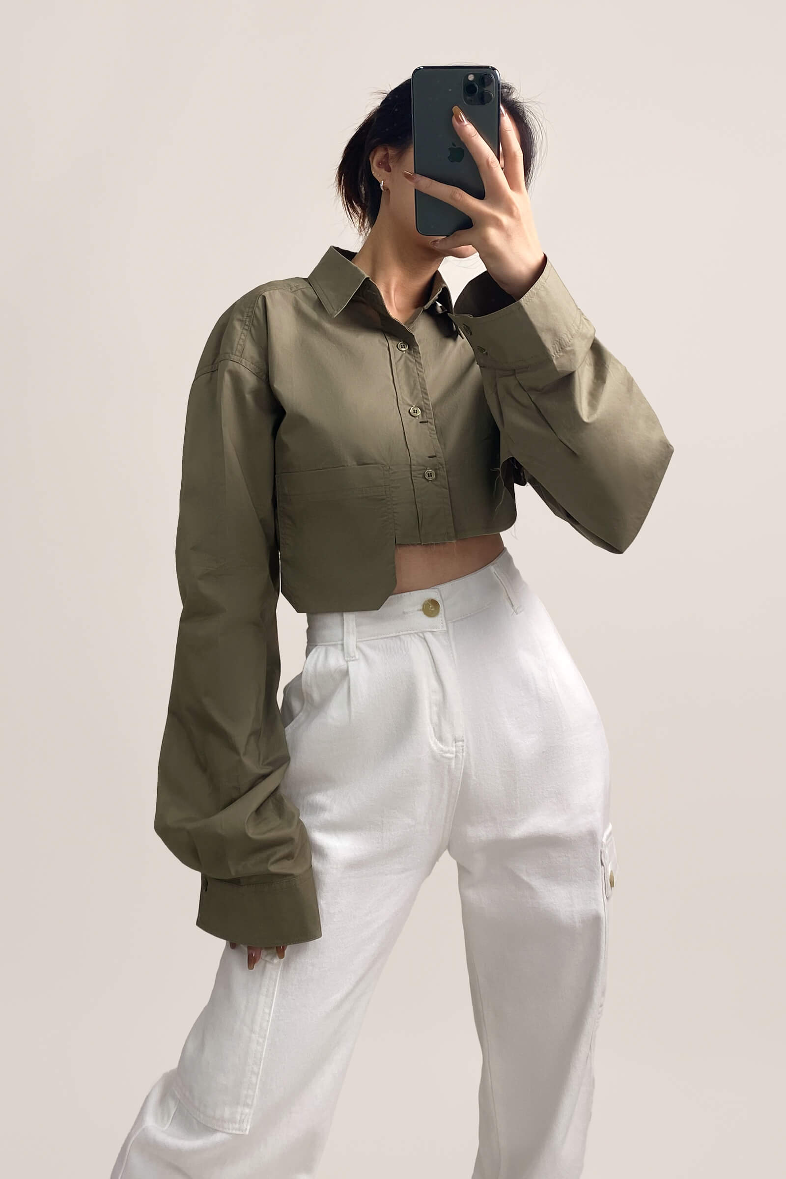Dark Khaki Pocket Detail Cropped Shirt
