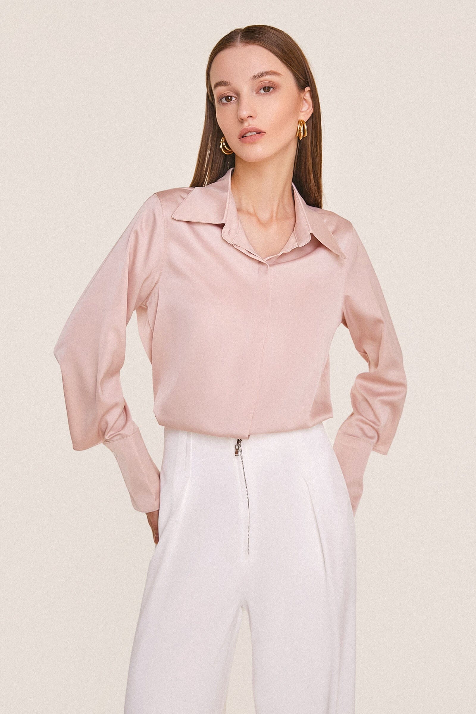 Pink Button-Up Satin Work Shirt