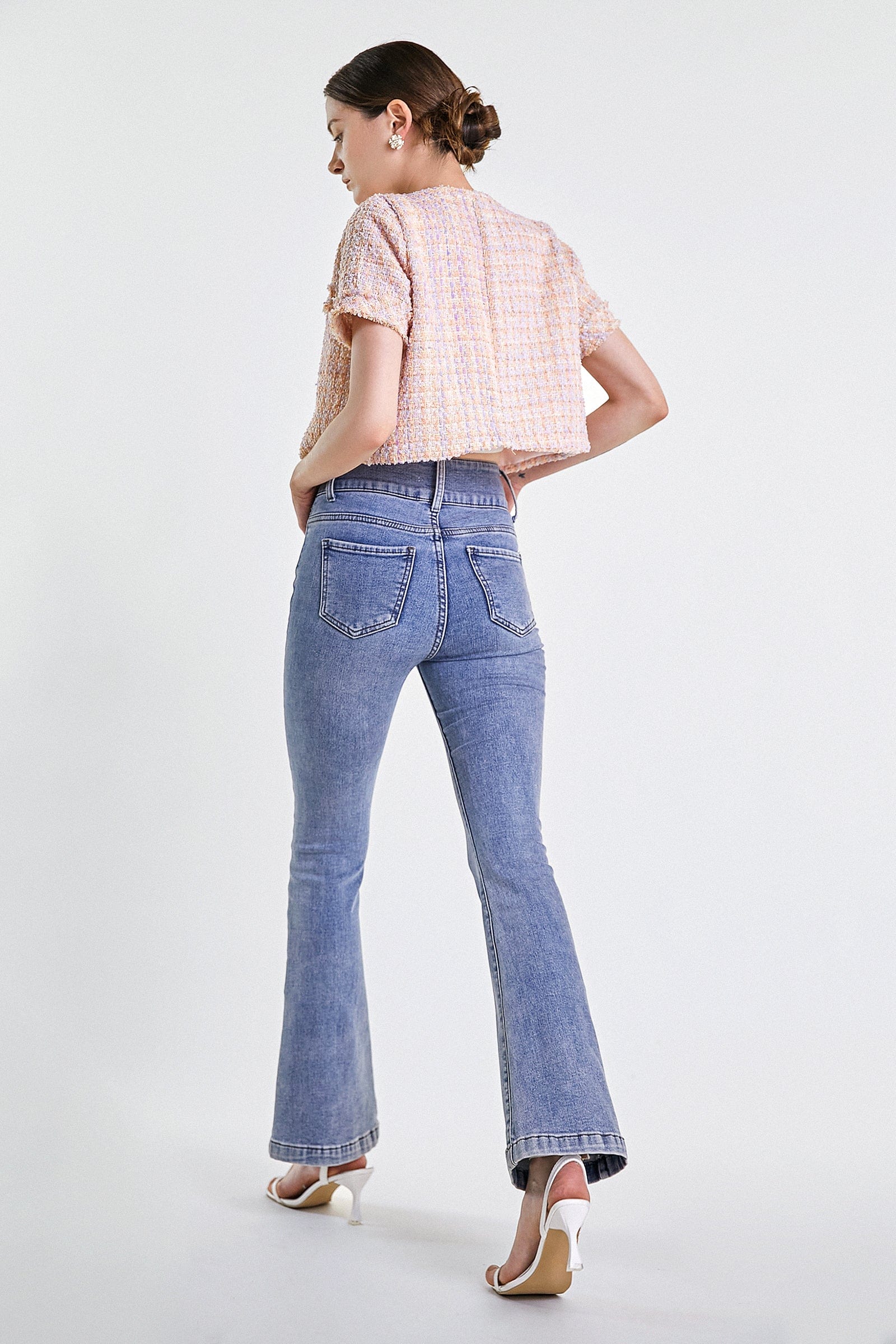 Pink Button-Up Short Sleeve Cropped Tweed Jacket