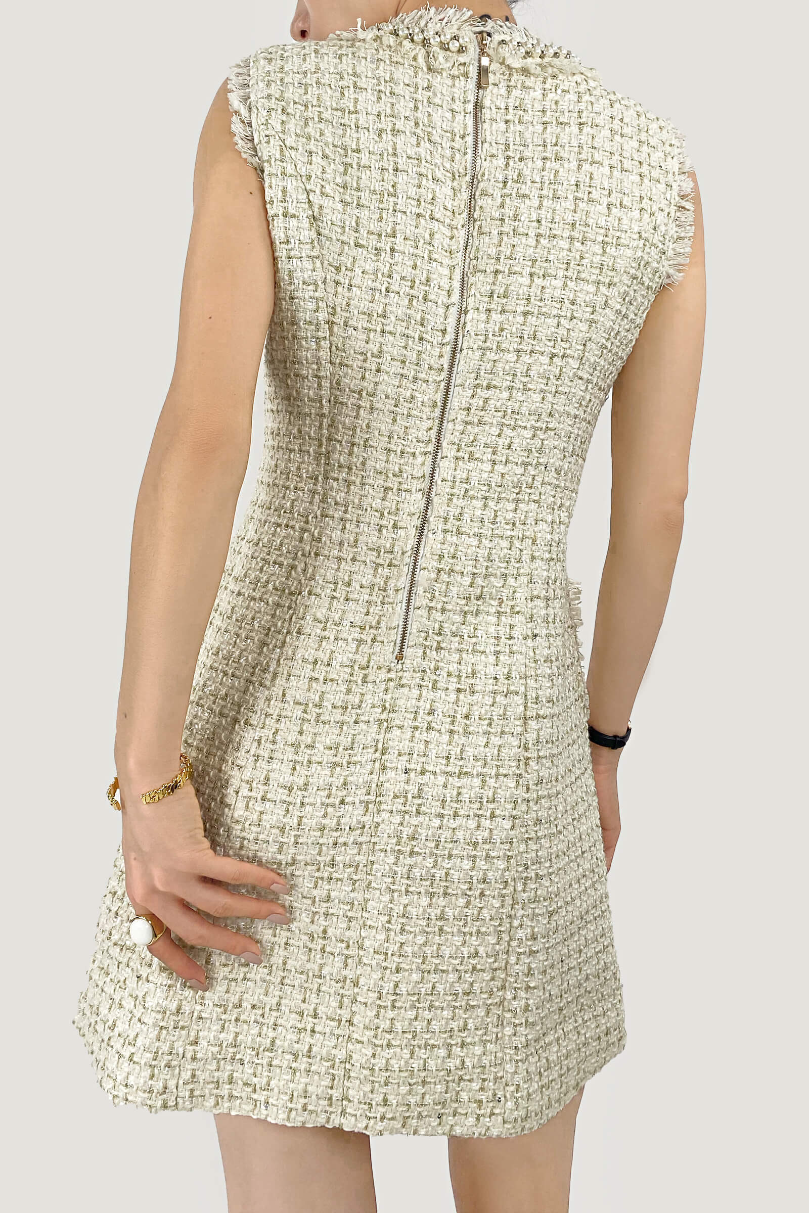 Plaid Raw Trim Tweed Sleeveless Mini Dress