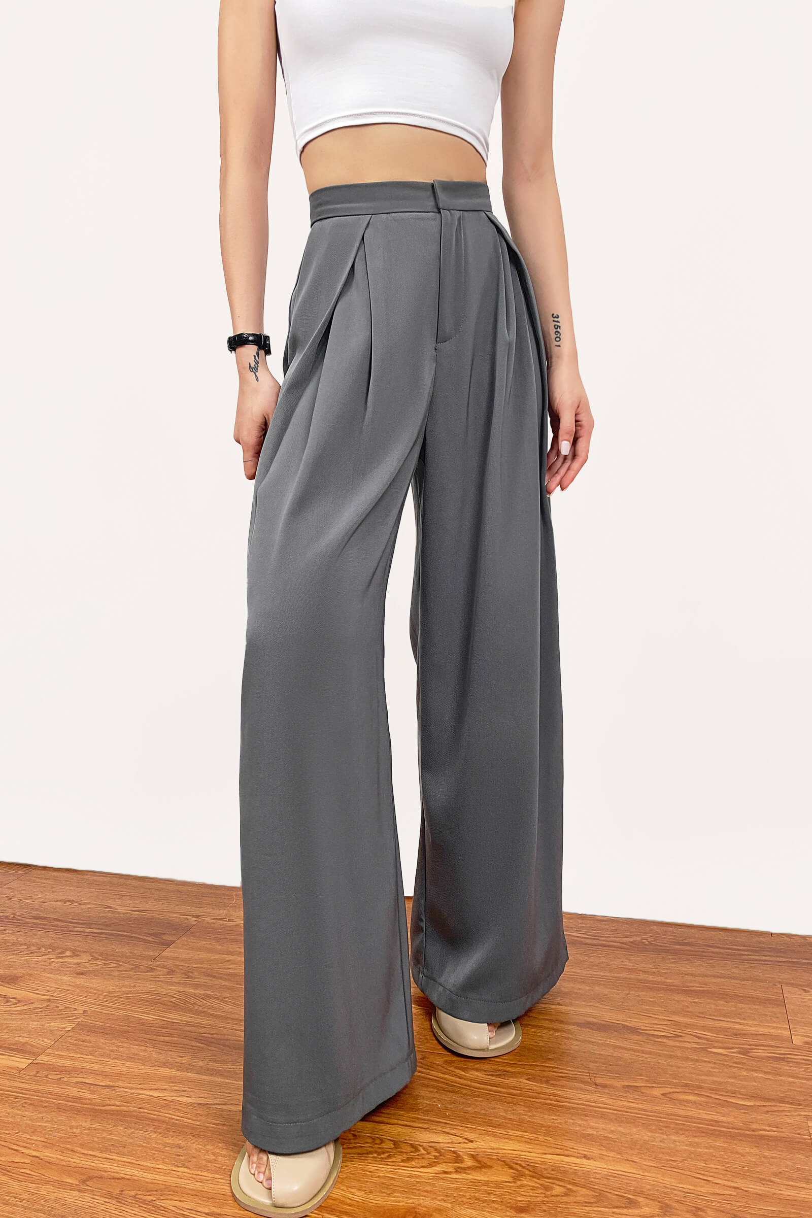 Dark Grey Pleated Wide Leg Work Pants