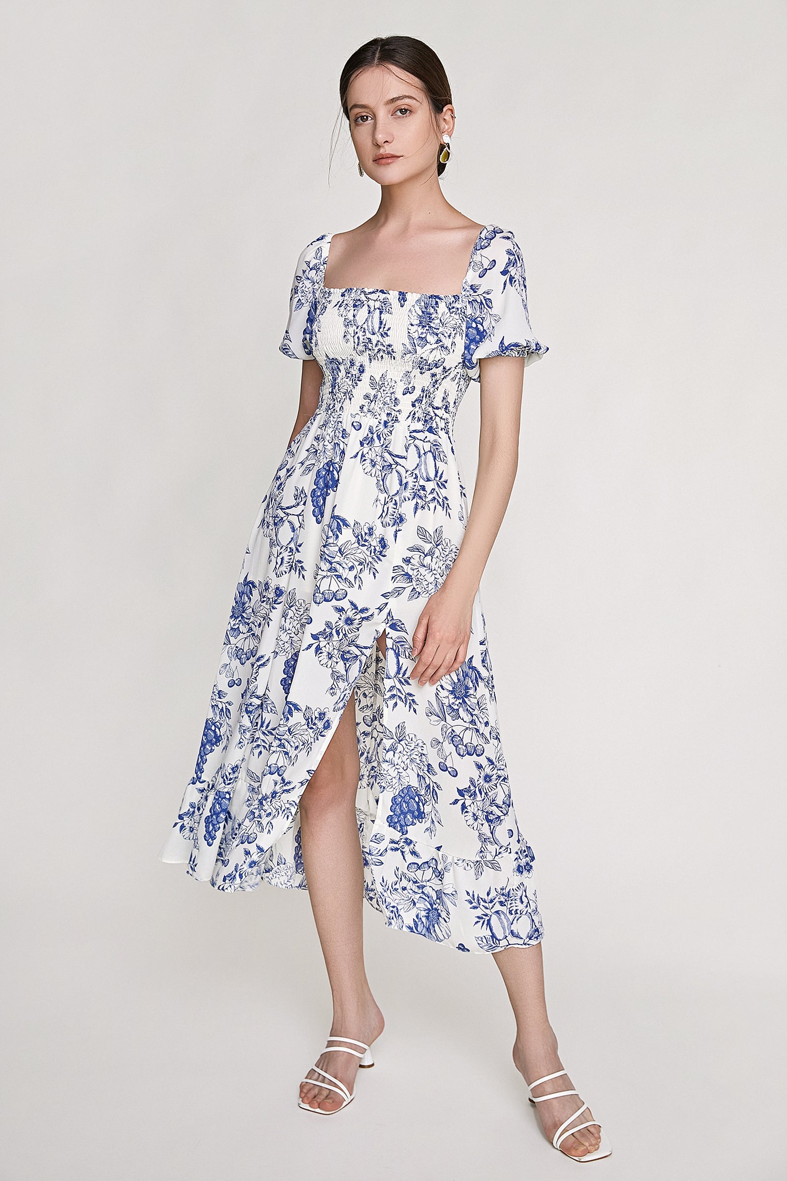 Blue Fruit Print Smocked Puff Sleeve Maxi Dress