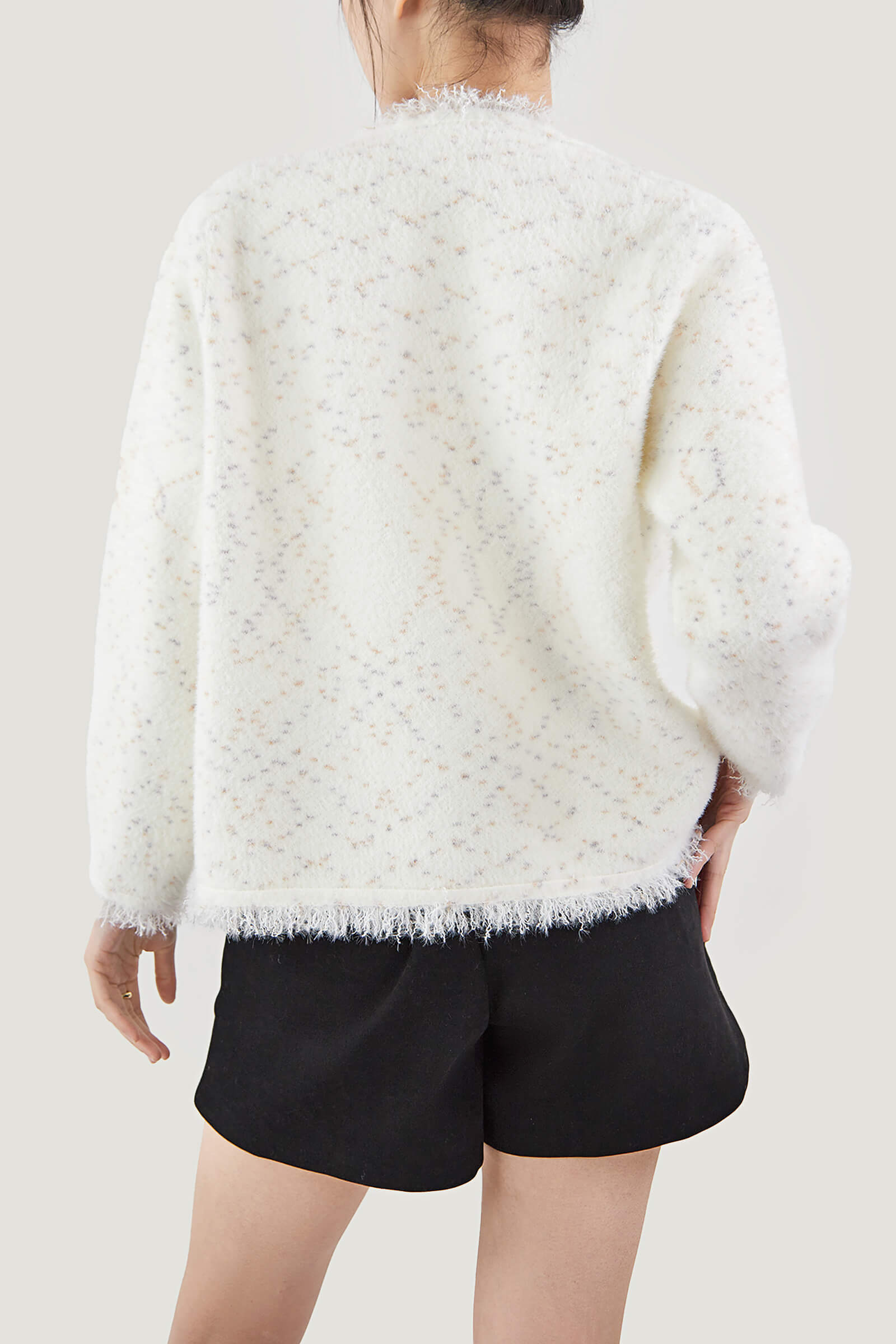 White Patched Pocket Frayed Trim Cardigan