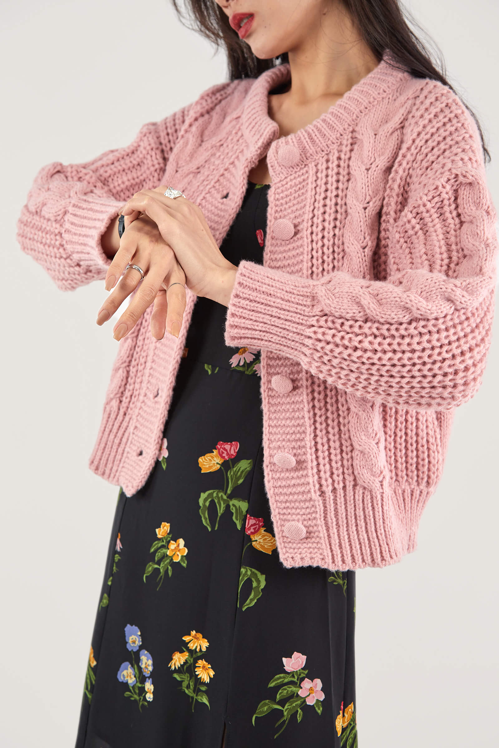 Dark Salmon Cable-Knit Button-Up Cardigan