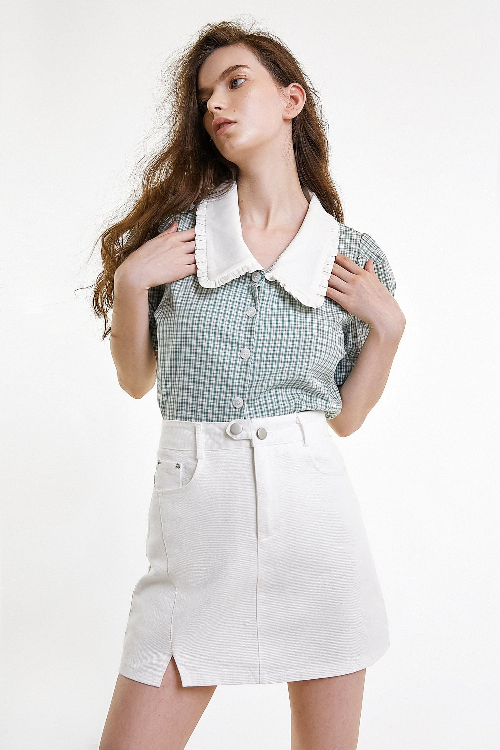 Sea Green Plaid Puff Sleeve Ruffled Statement Collar Shirt