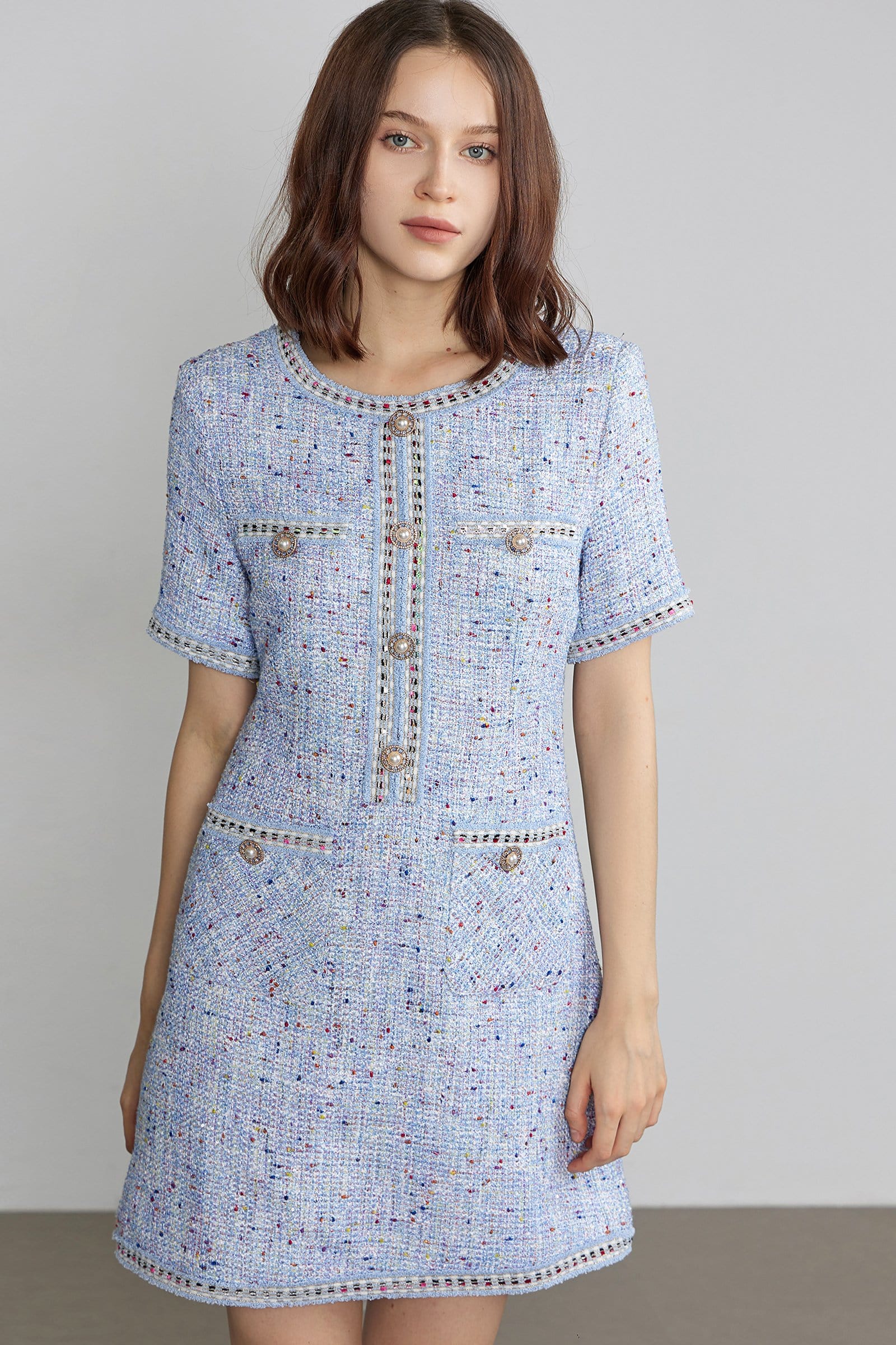 Librada Blue Button Short Sleeve Mini Dress
