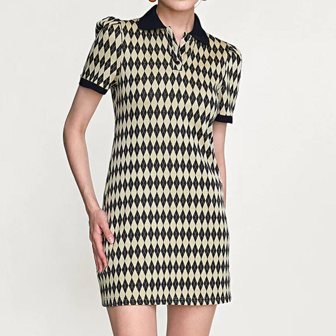 Black Diamond Check Knitted Polo Collar Mini Dress