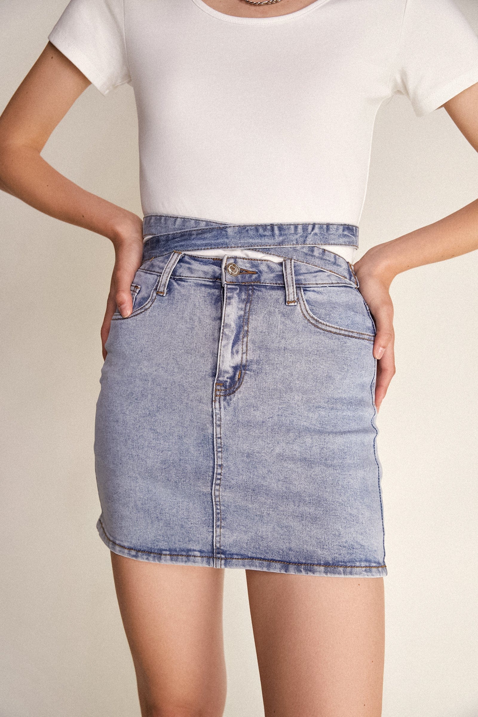 Light Blue Wash Tie Detail Denim Mini Skirt