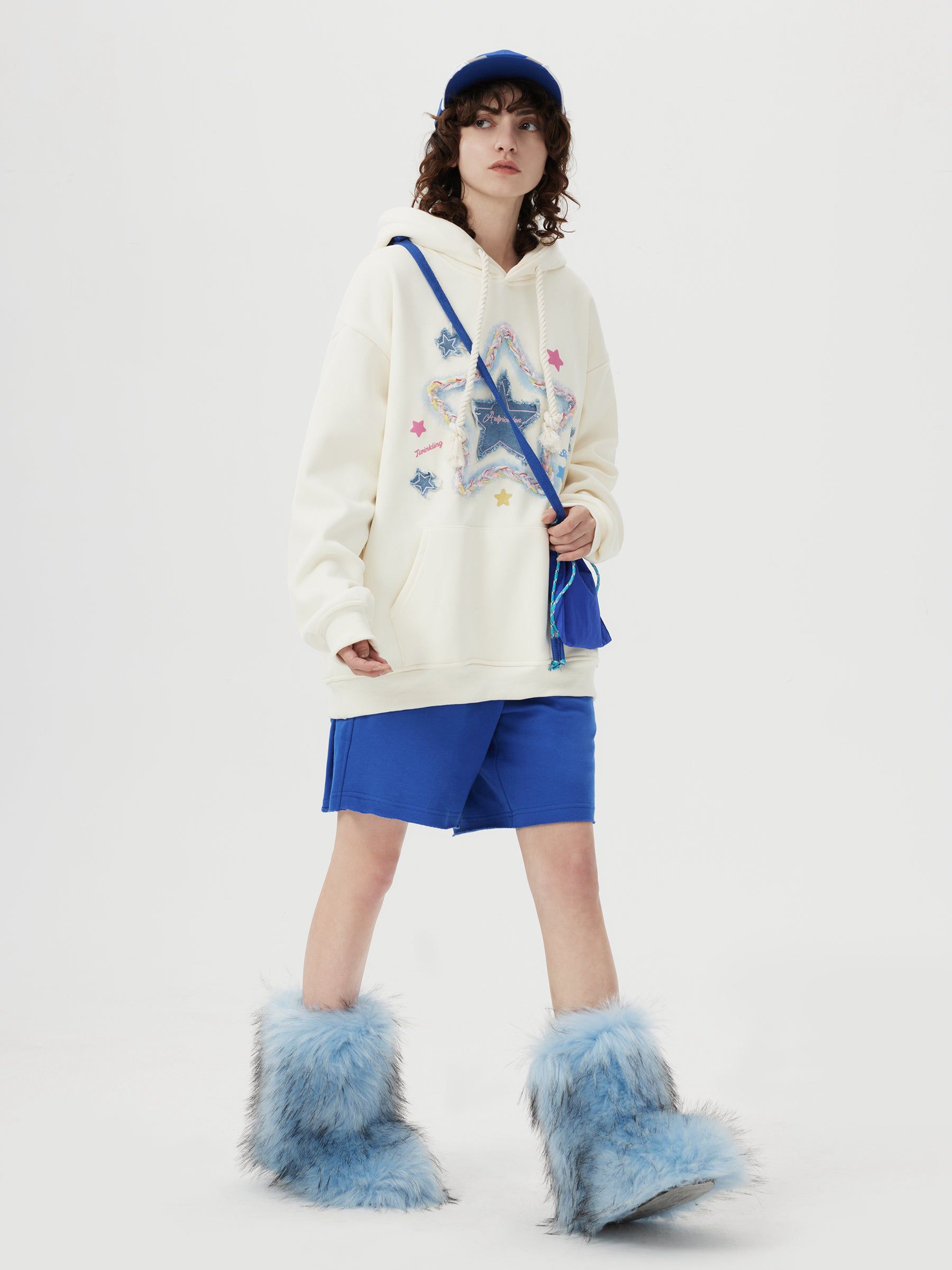 Denim Star Applique Embroidery Hoodie