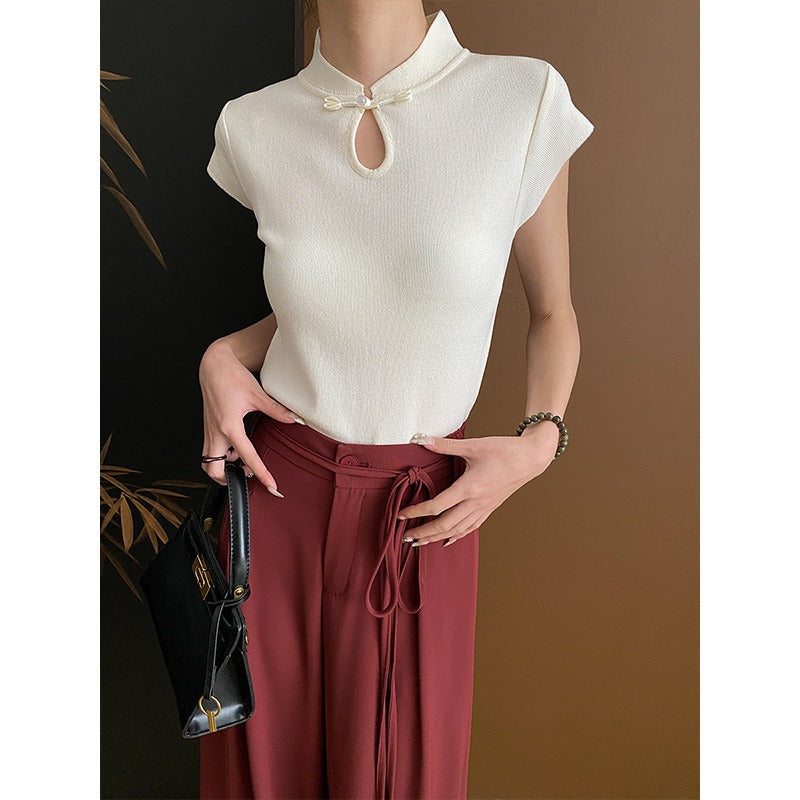 Short sleeve of hollow semi-high neck sweater