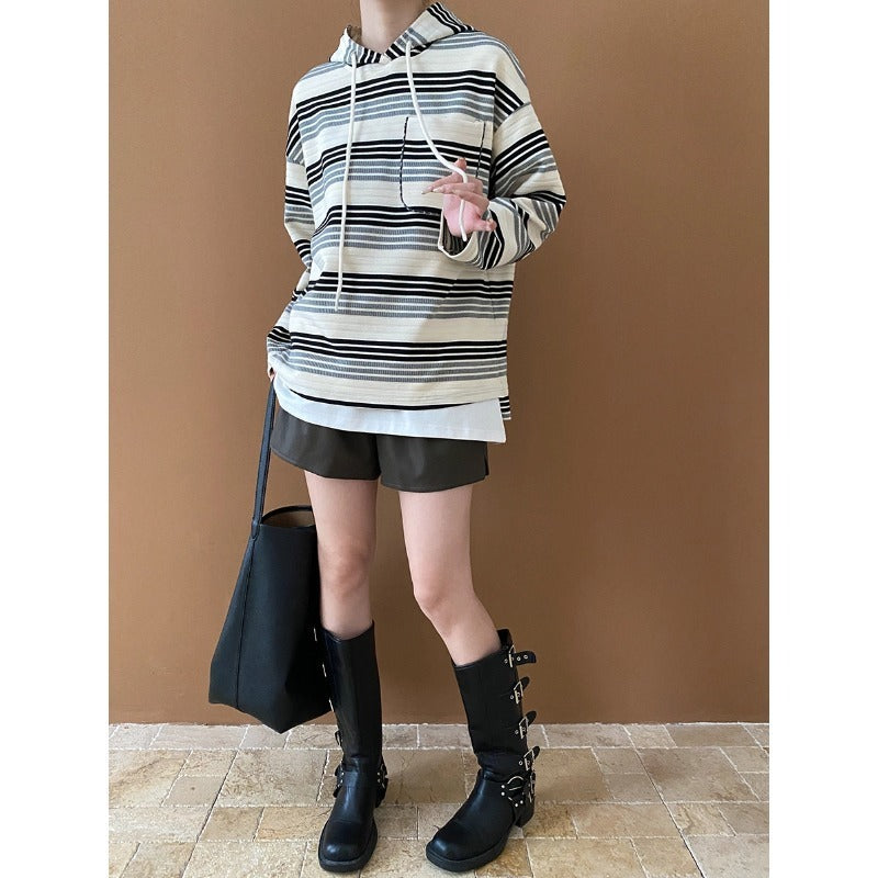 Trendy Contrasting Striped Drawstring Hooded Sweater