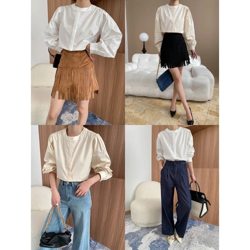 French Retro Round Neck Pleated Loose Long-Sleeved Shirt