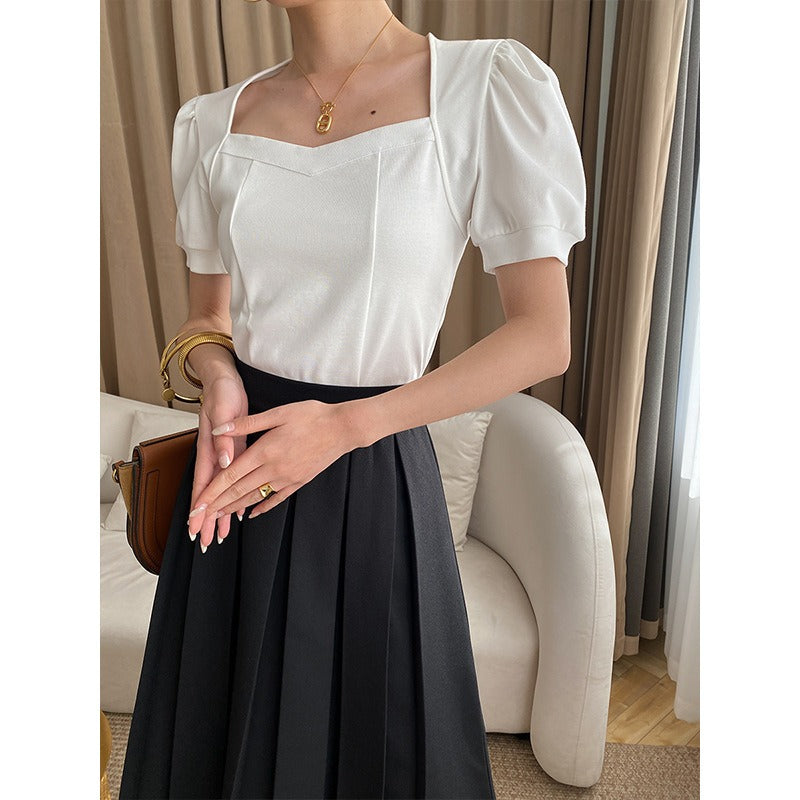 French love square collar bubble short sleeve T-shirt