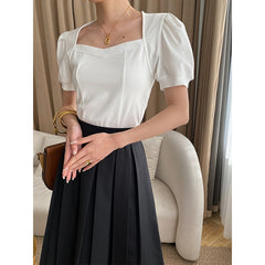 French love square collar bubble short sleeve T-shirt