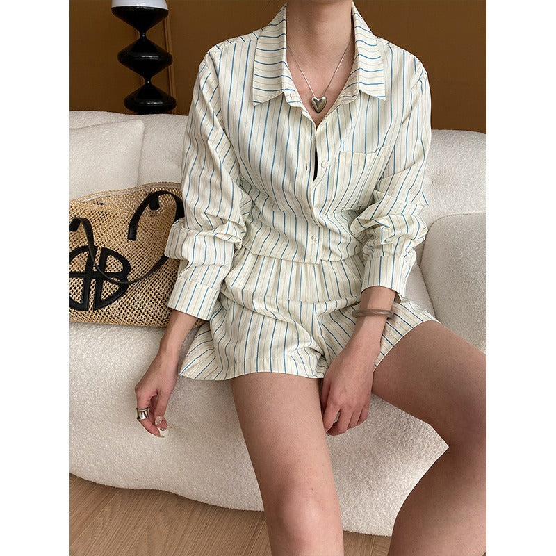 Vertical Striped Shirt Shorts Sunscreen Two-piece Set