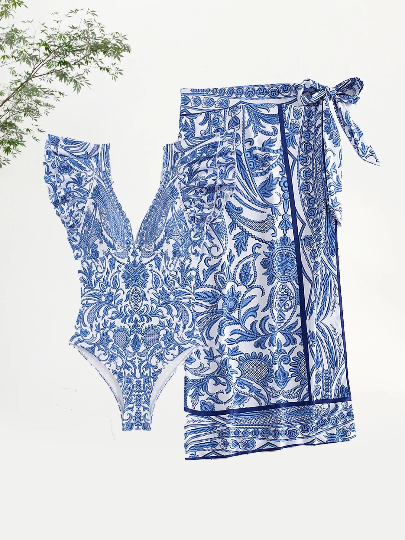 2 Piece Sets Woman Outfit Blue Retro Print Bikini Set Deep V Neck Ruffle Sleeve Dress Cover Up Fashion