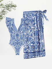 2 Piece Sets Woman Outfit Blue Retro Print Bikini Set Deep V Neck Ruffle Sleeve Dress Cover Up Fashion