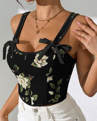 French Style Bow Lace-Up Floral Body Shaper Women's Sling Printed Slim-Fit Vest Corset