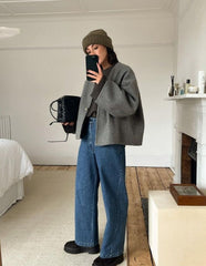 Fashionable Short V-neck Woolen Cardigan Single-button Jacket