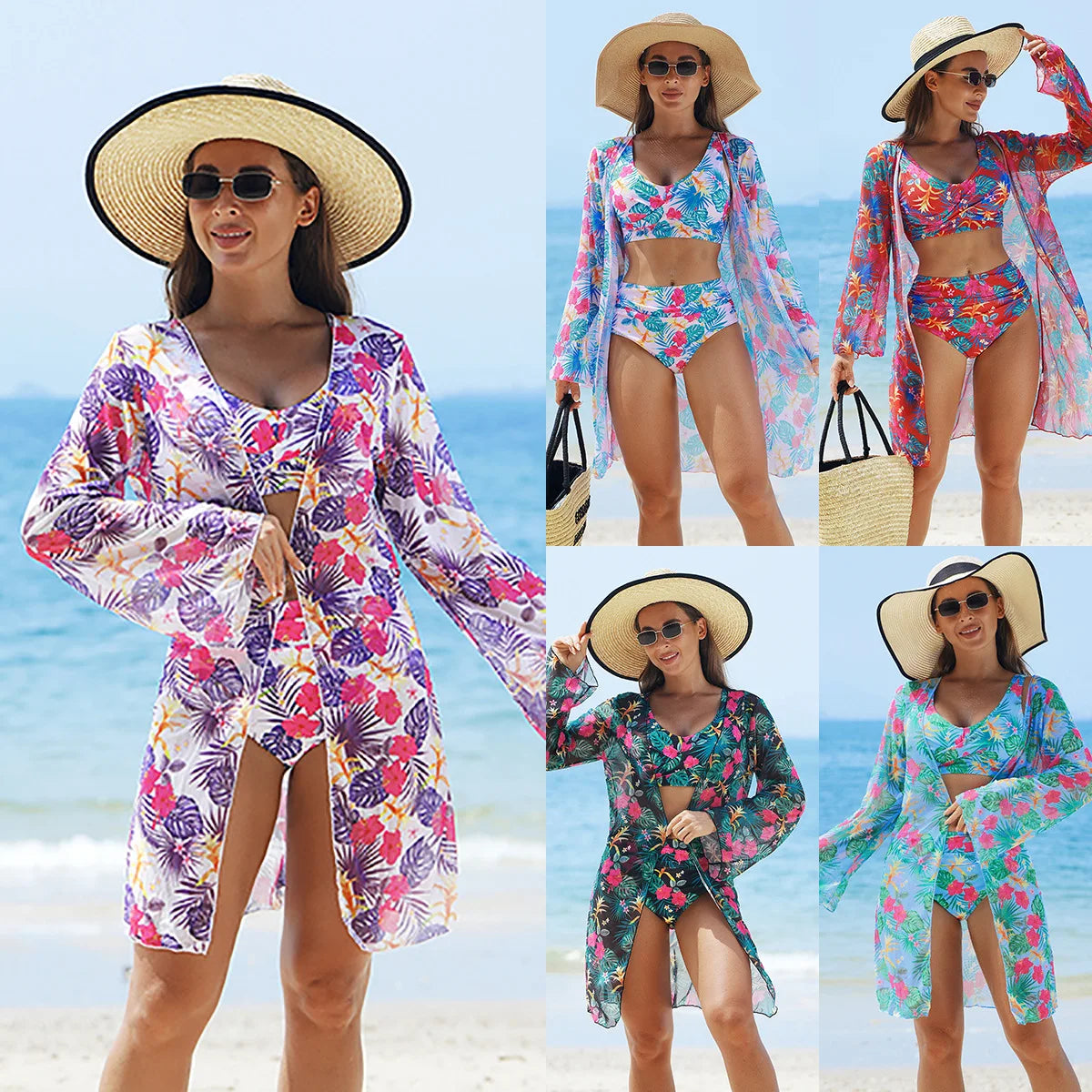 3-Piece Bikini Set Sheer Mesh Cover Up Floral Print Swimwear Swimwear