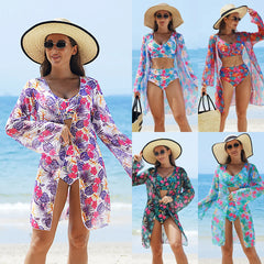 3-Piece Bikini Set Sheer Mesh Cover Up Floral Print Swimwear Swimwear