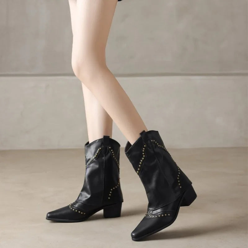 Wasteland Style Vintage Trouser legs Western Boot Black Knee High Boots