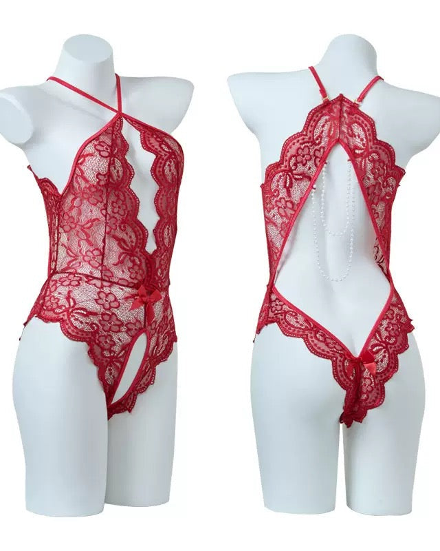 Lace Open Crotch Tights Pearl Backless Pajamas