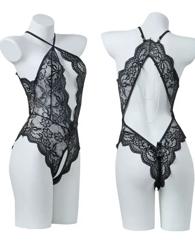 Lace Open Crotch Tights Pearl Backless Pajamas