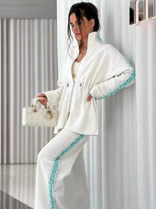 Elegant Sequin-Trimmed Top and Wide-Leg Pants 2-Piece Set