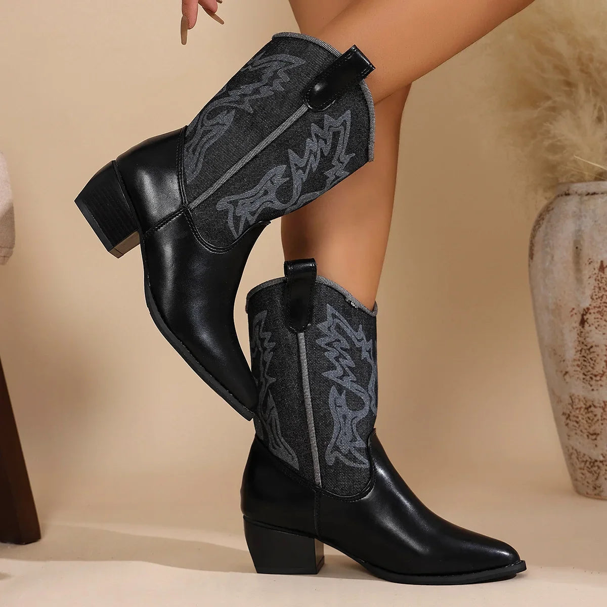 Leather Splicing Ethnic Style Large Western Boots