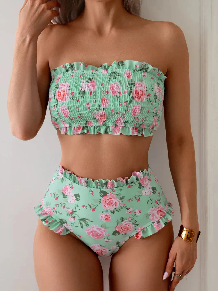 Bandeau Bikini Set Printed Off Shoulder Swimsuit Tummy Control Two Piece Bathing Suit for
