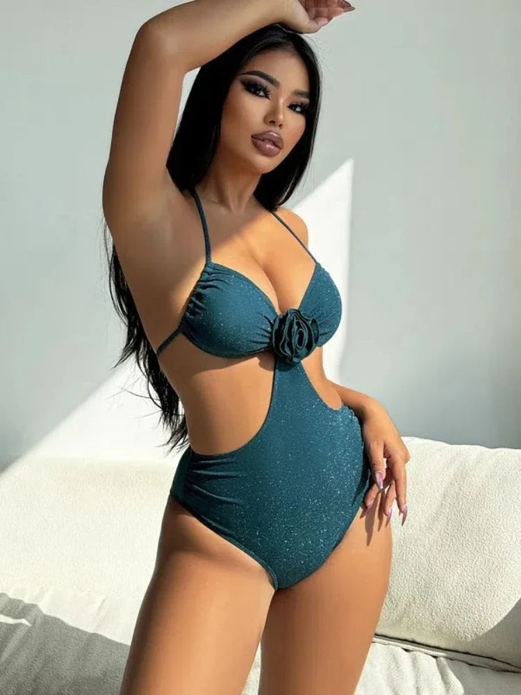Bandeau Monokini Hollow Out Halter Neck One-Piece Bikini Swimsuit for Pool Tight Solid