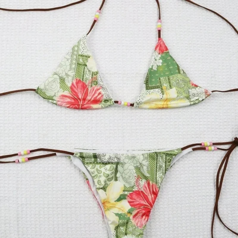 Suit Floral Print Bikini Beaded Halter Neck Two-Piece Swimsuit with Colorful Patterns Woman