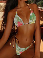 Suit Floral Print Bikini Beaded Halter Neck Two-Piece Swimsuit with Colorful Patterns Woman