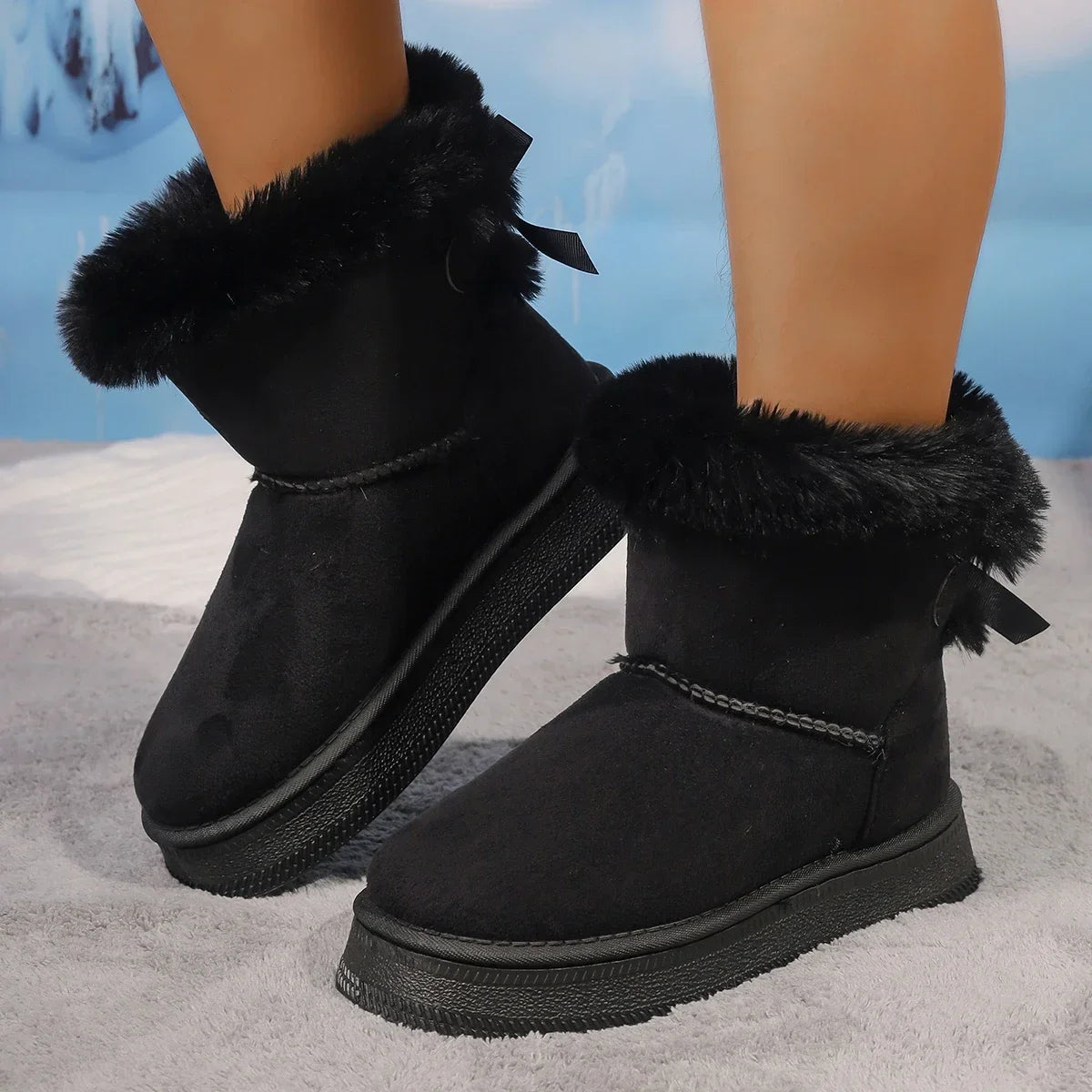 Classic Retro Winter Bow Hair Mouth Plus Pile Thick Cotton Boots