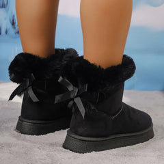 Classic Retro Winter Bow Hair Mouth Plus Pile Thick Cotton Boots