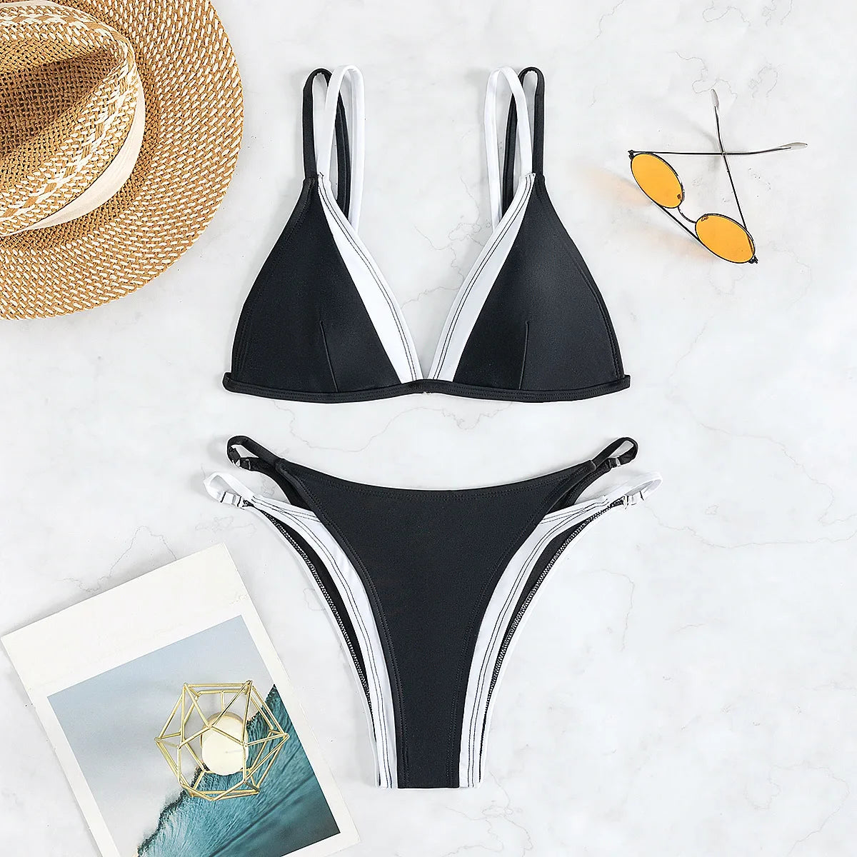 Color Block Bikini Set Triangle Top & Adjustable Double Straps Bandage Swimsuit Bathing Suit