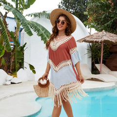 Crochet Cover Up Dress Handmade Cutout Design & Bamboo Cotton Blend Boho Fringe Kimono