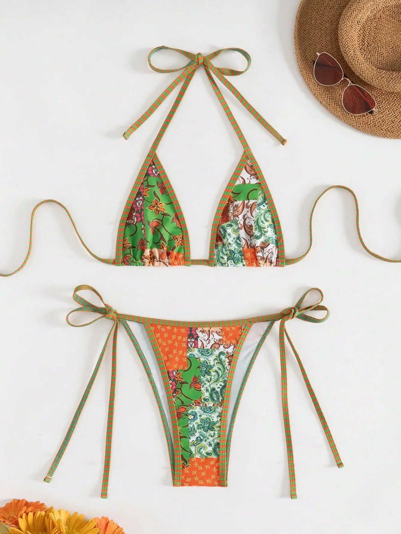 Ethnic Print Halter Bikini Set Triangle Toped Panties Swimsuit Two Piece Swim Bathing Suit